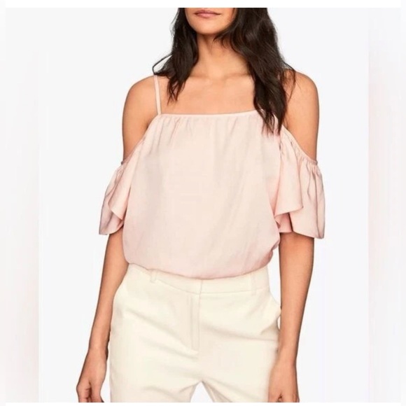Reiss Emma Off Shoulder Linen Blend Ruffle Top Pink Peach US 10 UK 14 Spring - Picture 1 of 11